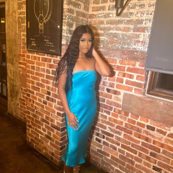 Meshki TYLER Strapless Satin Midi Dress - Cyan Blue - Picture 6 of 6